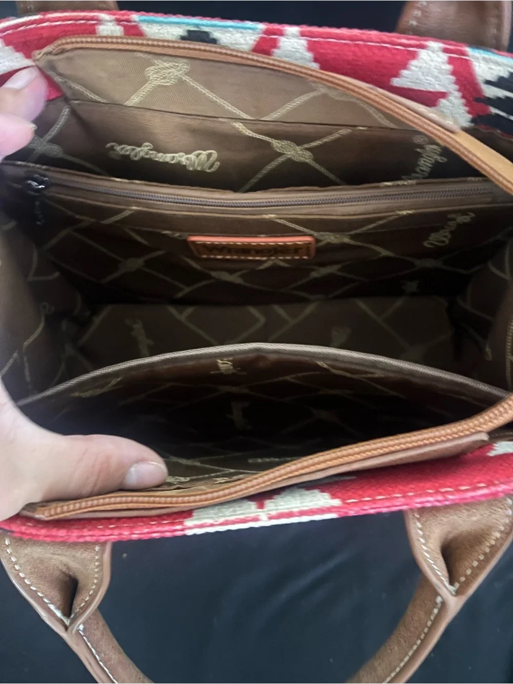 Wrangler Red Aztec Pattern Tote with Brown Trim